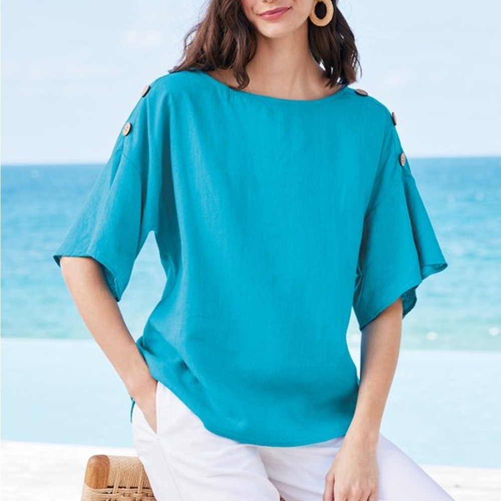 Soft Surroundings Andrea‎ Linen Blend Pullover Blue Top NWT Size XL